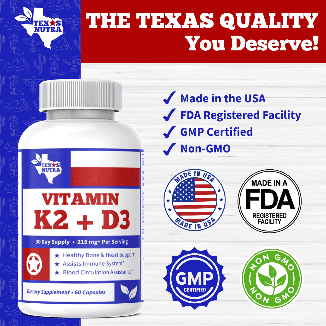 Vitamin K2 + D3 supplement bottle with USA/FDA/GMP badges on label
