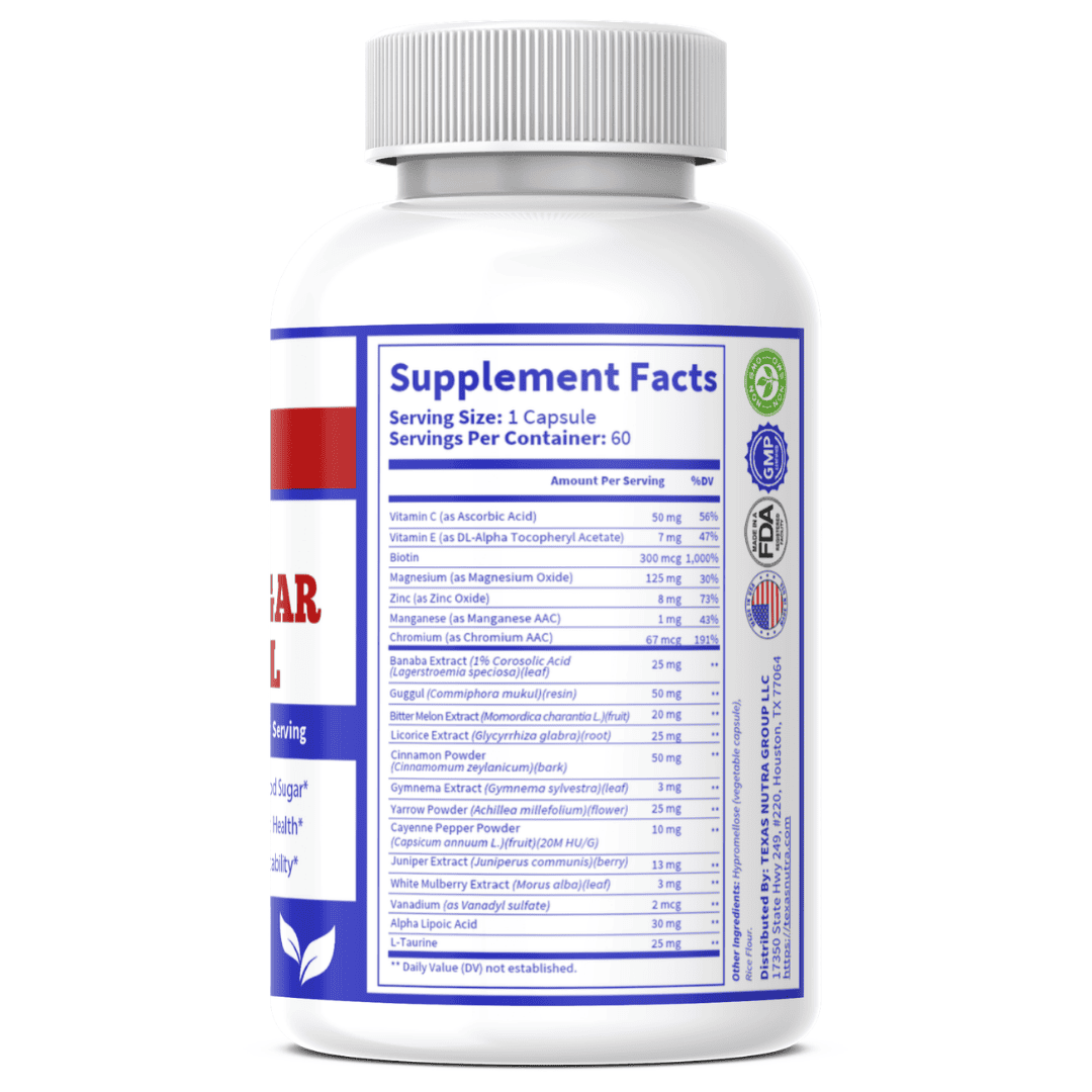 Back label of a blood sugar control supplement bottle with Supplement Facts panel