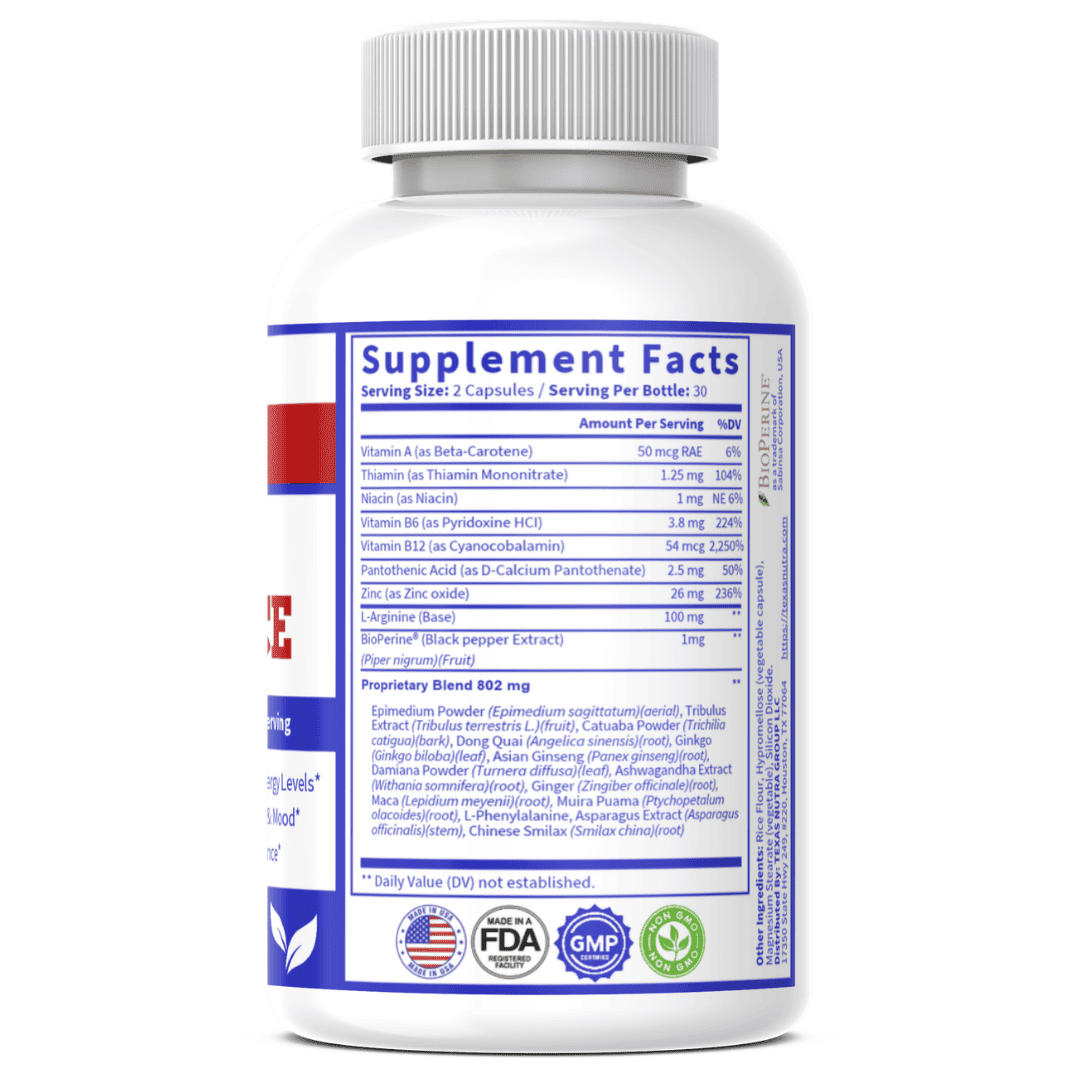 Dietary supplement bottle back label with Supplement Facts table and white cap