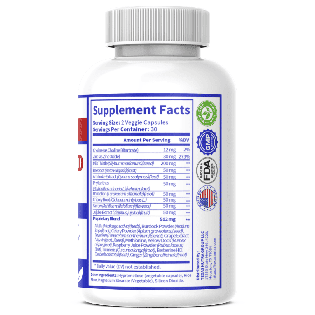 Liver Guard Blend supplement bottle back panel with Supplement Facts table