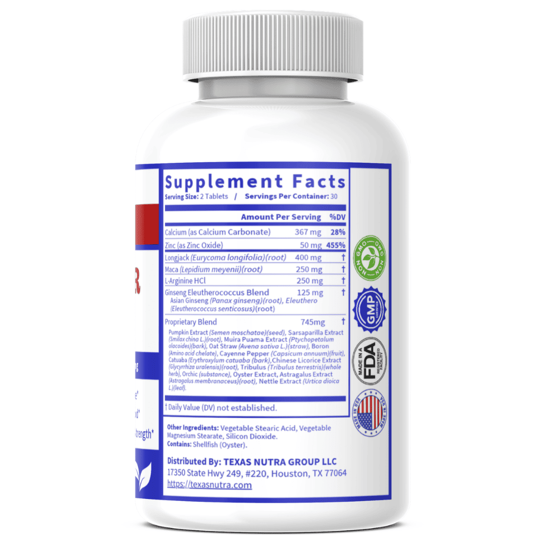 Dietary supplement bottle back label with Supplement Facts and ingredient list