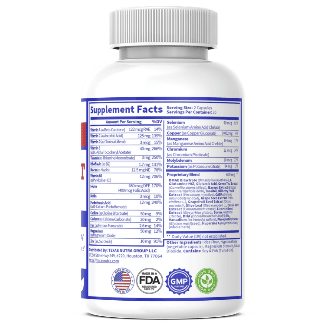 Supplement bottle back label with Supplement Facts table and ingredient text