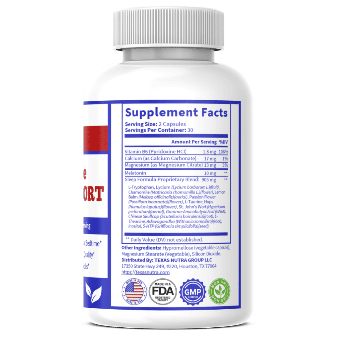 DreamEase Sleep Support back label with Supplement Facts on a white bottle and ribbed cap